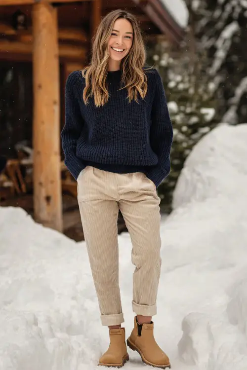 A woman wears a chic navy ribbed sweater, beige comfy pants, tan slip-on boots, snowy but subtle outdoor background with minimal holiday props, outfit fully visible