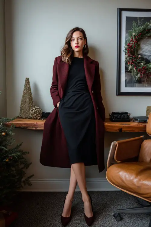 A woman wears a classic black midi shift dress, wool burgundy coat, closed-toe pumps, clean home-office setup with one Christmas garland frame on the wall