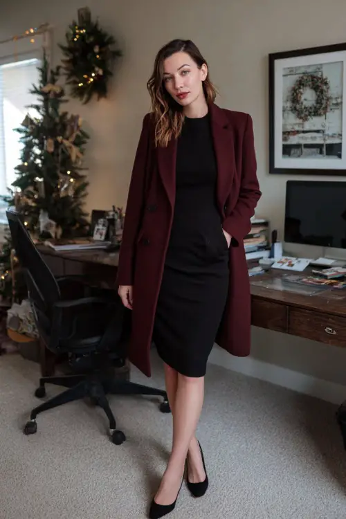 A woman wears a classic black midi shift dress, wool burgundy coat, closed-toe pumps, clean home-office setup with one Christmas garland frame on the wall 