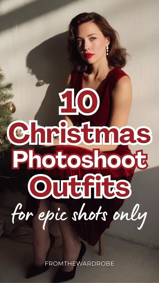 A woman wears a classic red velvet midi dress, pearl earrings, black heels outfit for Christmas photoshoot
