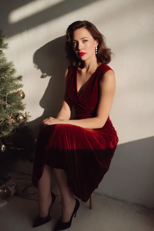 A woman wears a classic red velvet midi dress, pearl earrings, black heels, white photography studio with a small decorated Christmas tree prop and soft light shadows