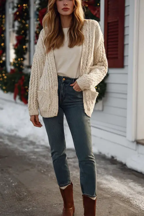 A woman wears a cream cable knit cardigan over a plain tee, straight jeans, brown ankle boots, simple snowy outdoor sidewalk with subtle holiday garland