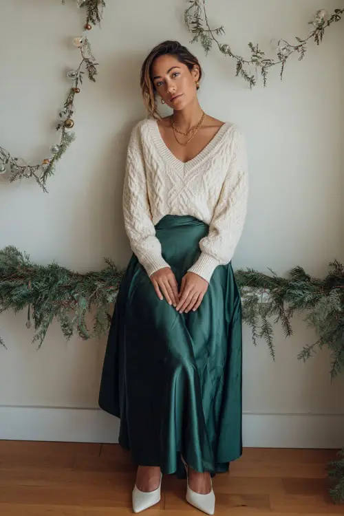 A woman wears a cream cable knit sweater tucked into an elegant satin green maxi skirt, gold delicate necklace, ivory heels, modern minimalist photoshoot room with garland accents