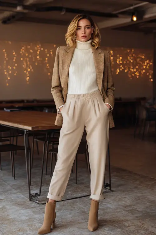 A woman wears a cream cashmere turtleneck, camel structured blazer, tapered beige trousers, block-heel ankle boots, cozy meeting room with soft fairy lights behind