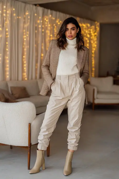A woman wears a cream cashmere turtleneck, camel structured blazer, tapered beige trousers, block-heel ankle boots, cozy meeting room with soft fairy lights behind