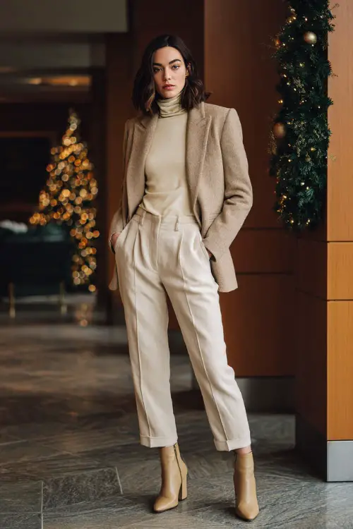 A woman wears a cream cashmere turtleneck, camel wool blazer, straight trousers, block-heel ankle boots, bright modern coworking space decorated with neutral Christmas garlands at the entrance