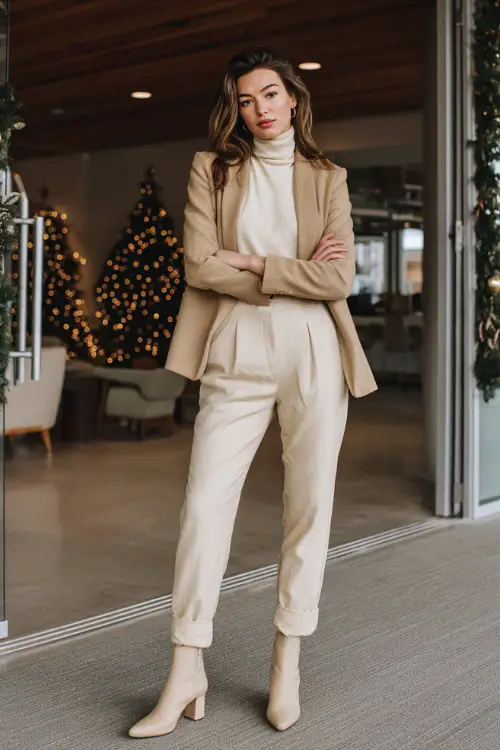 A woman wears a cream cashmere turtleneck, camel wool blazer, straight trousers, block-heel ankle boots, bright modern coworking space decorated with neutral Christmas garlands at the entrance