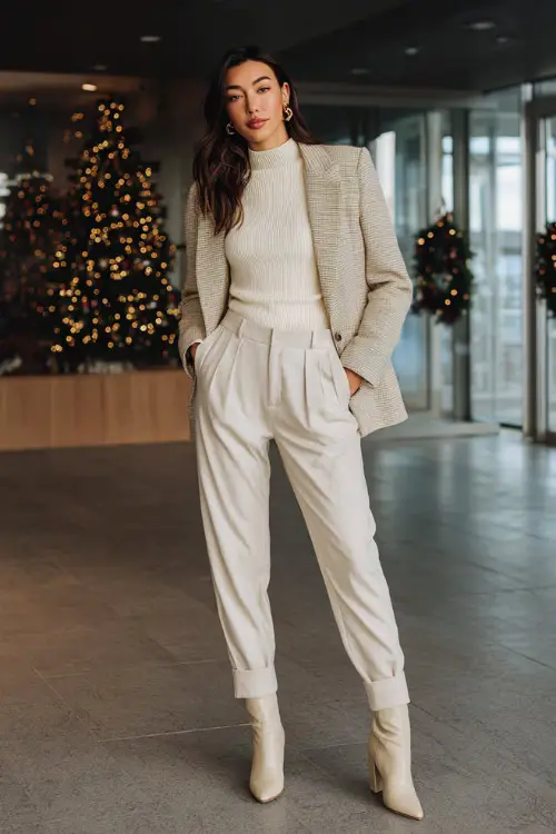 A woman wears a cream cashmere turtleneck, camel wool blazer, straight trousers, block-heel ankle boots