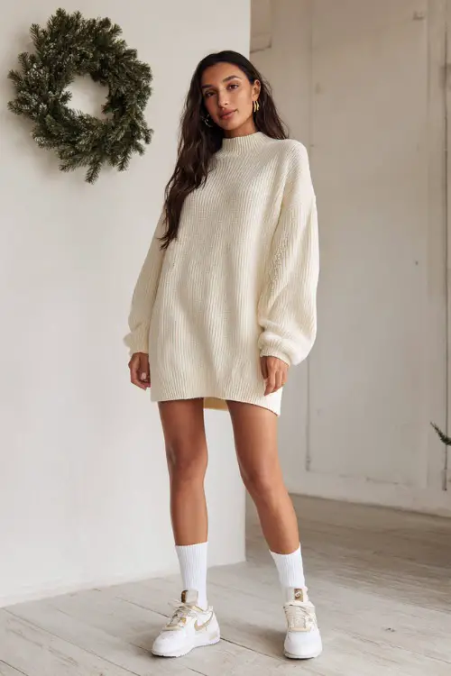 A woman wears a cream sweater dress at casual length, white socks, clean leather sneakers, softly lit indoor photoshoot set with a minimalist Christmas wreath