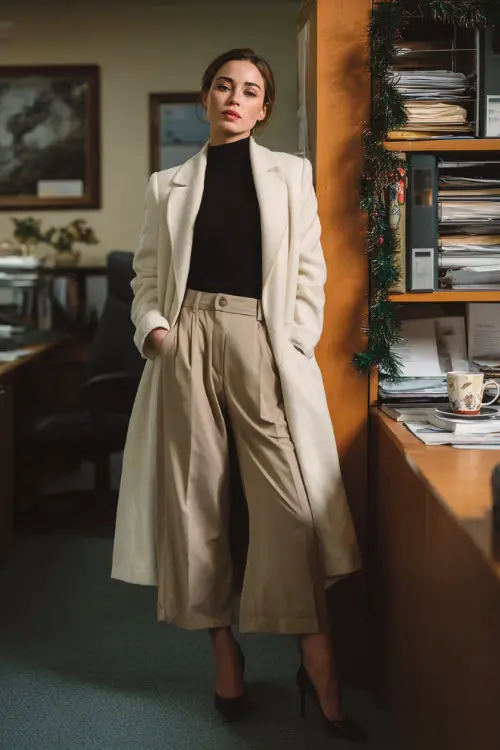 A woman wears a cream wool dress coat, black inner knit top, wide trousers, leather heels, organized office room with subtle holiday mug and a small Christmas garland 