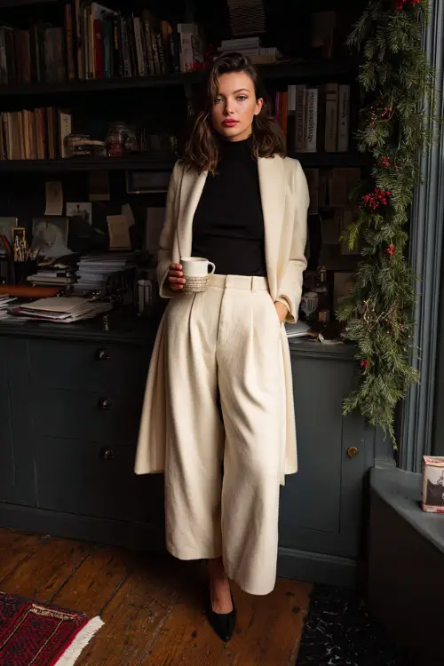 A woman wears a cream wool dress coat, black inner knit top, wide trousers, leather heels, organized office room with subtle holiday mug and a small Christmas garland 