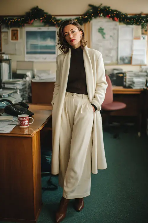 A woman wears a cream wool dress coat, black inner knit top, wide trousers, leather heels, organized office room with subtle holiday mug and a small Christmas garland