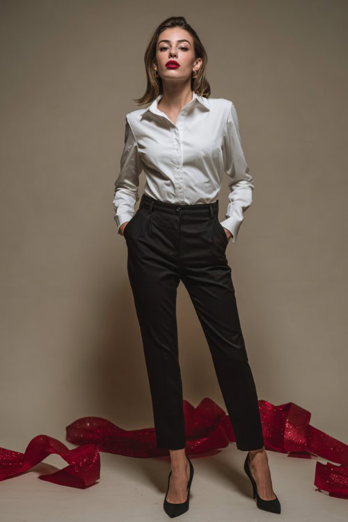 A woman wears a crisp white button-shirt, black straight work pants, low heeled pumps, clean studio backdrop with subtle Christmas ribbon props on the floor side 