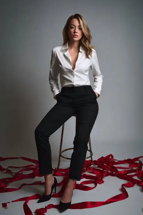 A woman wears a crisp white button-shirt, black straight work pants, low heeled pumps, clean studio backdrop with subtle Christmas ribbon props on the floor side