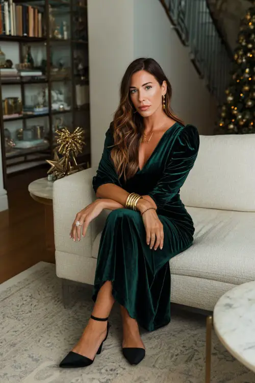 A woman wears a deep emerald green velvet maxi dress, gold bracelet stack, classic black strappy heels, elegant modern living room with minimal gold and white Christmas styling