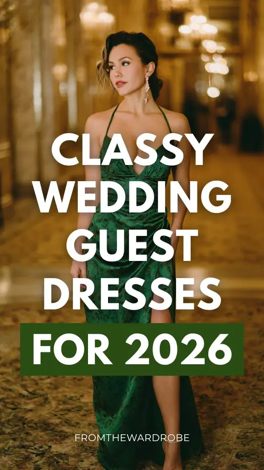 A woman wears a deep emerald satin classy wedding guest dress with subtle jacquard floral patterns and a high slit, paired with strappy heels and crystal earrings