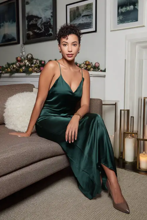 A woman wears a deep forest green bias-cut satin dress, minimal gold bracelet, heeled pumps, refined living room photoshoot corner with candles and Christmas ornaments