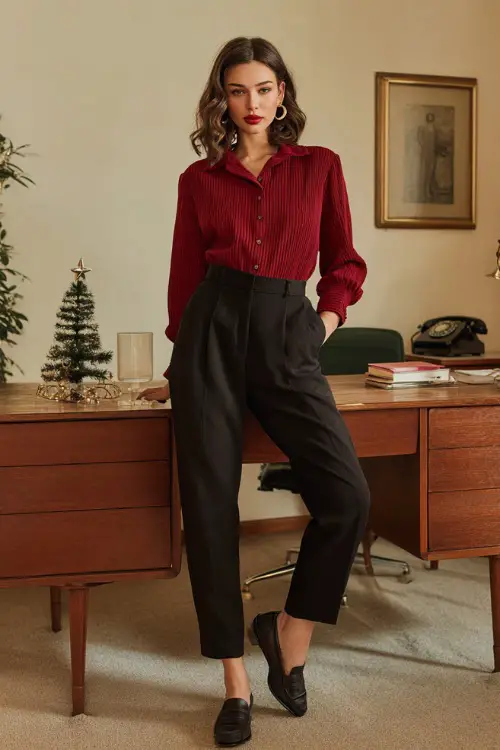 A woman wears a deep red knit blouse, high-waist black tapered trousers, classic leather loafers, tidy office desk setup with a small Christmas plant on the side