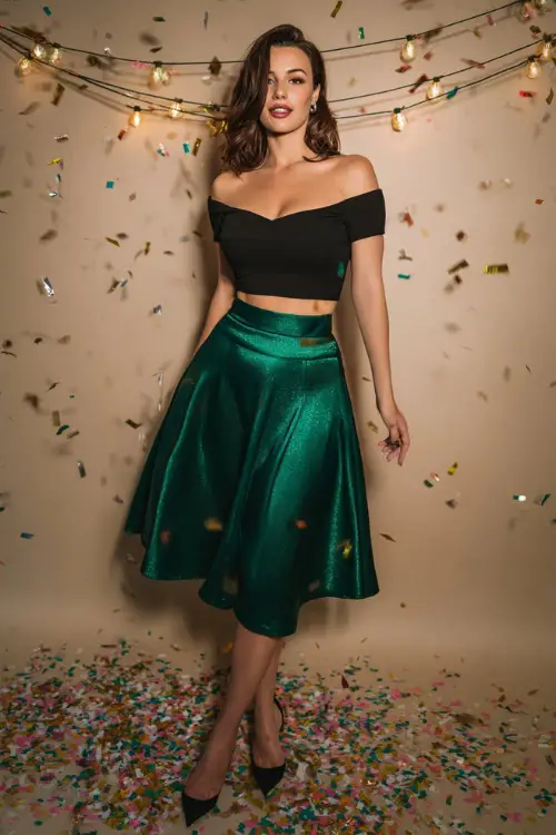 A woman wears a fitted black off-shoulder top, a sparkling deep green satin A-line skirt, classic stiletto heels, festive party penthouse with confetti and string-lights