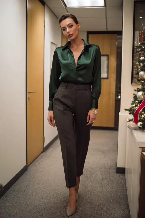 A woman wears a forest green satin blouse, charcoal tailored pants, gold-tone watch, pointed low heels, minimalist corporate office hallway with subtle Christmas ribbon on a nearby shelf
