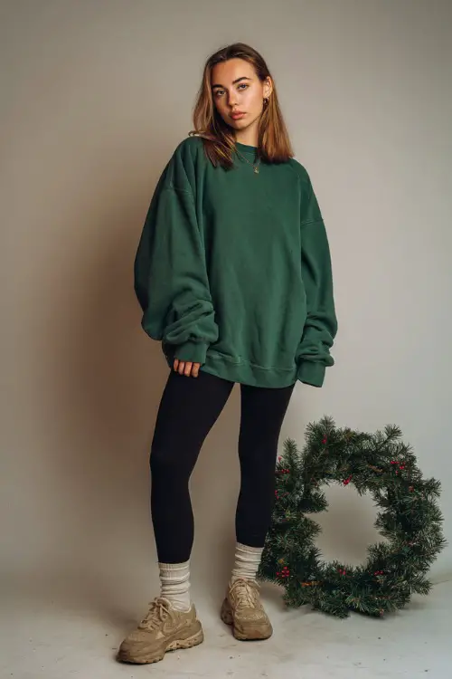 A woman wears a green oversized sweatshirt, black leggings, chunky socks, slip-on shoes, minimal studio backdrop with a small Christmas wreath prop 