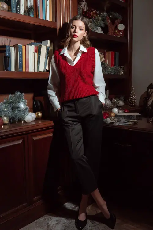 A woman wears a knit red vest layered over a white shirt, straight black trousers, leather ballet-heel flats, tidy office bookshelf decorated with minimal Christmas ornaments
