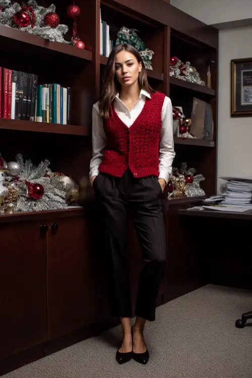 A woman wears a knit red vest layered over a white shirt, straight black trousers, leather ballet-heel flats, tidy office bookshelf decorated with minimal Christmas ornaments