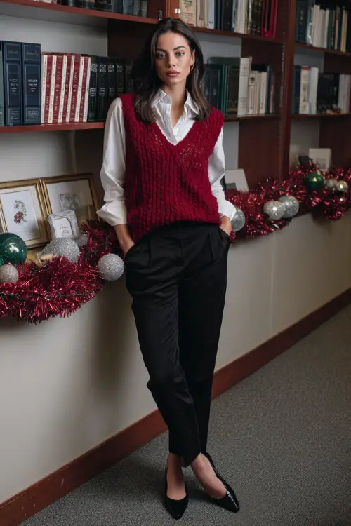 A woman wears a knit red vest layered over a white shirt, straight black trousers, leather ballet-heel flats
