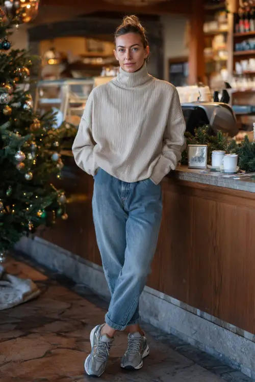 A woman wears a loose turtleneck in soft beige, mom-fit denim, grey trainers, cozy café scene with a Christmas tree near the counter, full outfit shown 