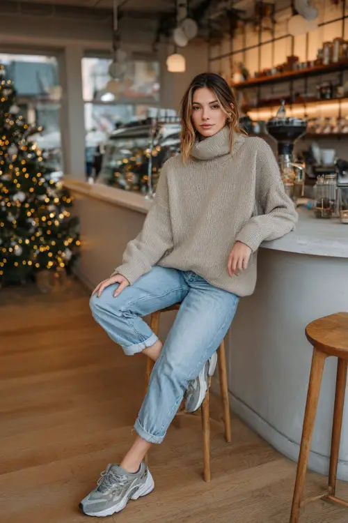 A woman wears a loose turtleneck in soft beige, mom-fit denim, grey trainers, cozy café scene with a Christmas tree near the counter, full outfit shown