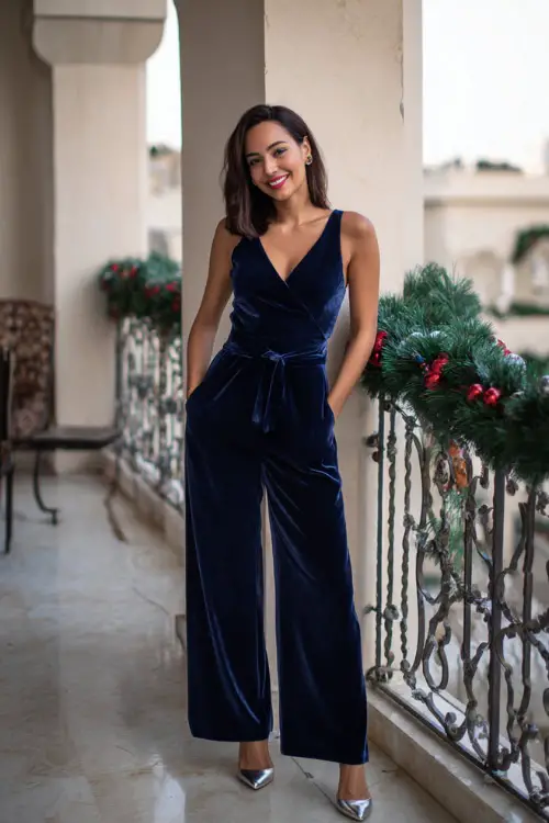 A woman wears a navy blue velvet wide-leg jumpsuit with pearl studs, silver heels, elegant photoshoot set at a festive balcony decorated with small garlands