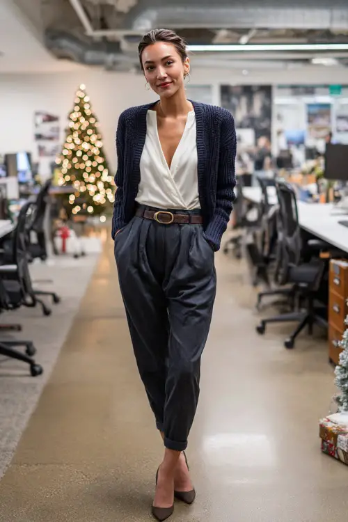 A woman wears a navy knit cardigan over a white blouse, wide charcoal pants, leather belt, low heels