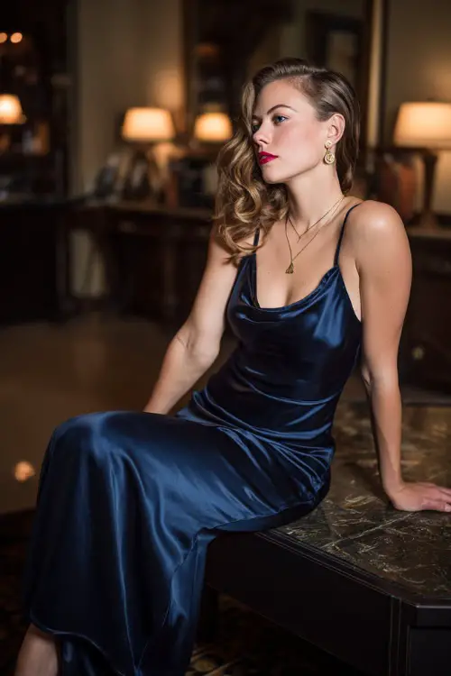 A woman wears a navy satin bias-cut evening gown with minimal gold jewelry, sleek black pumps, intimate Christmas cocktail lounge ambiance 