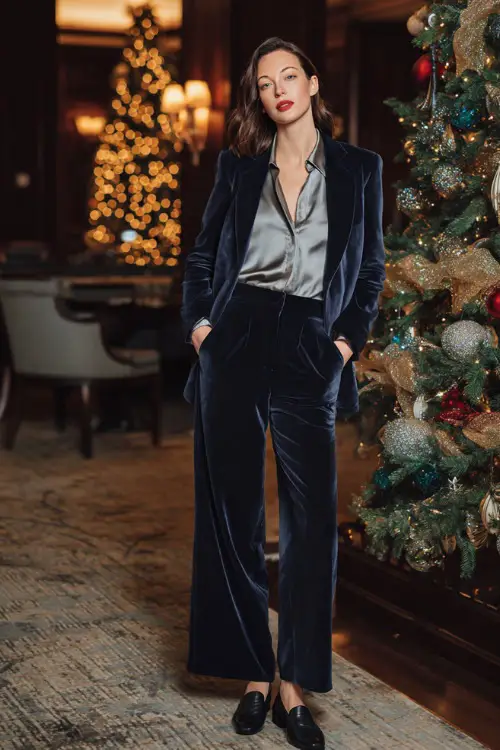 A woman wears a navy velvet blazer set with wide-leg trousers, silk blouse, and black loafers, chic winter party environment with a grand Christmas tree behind