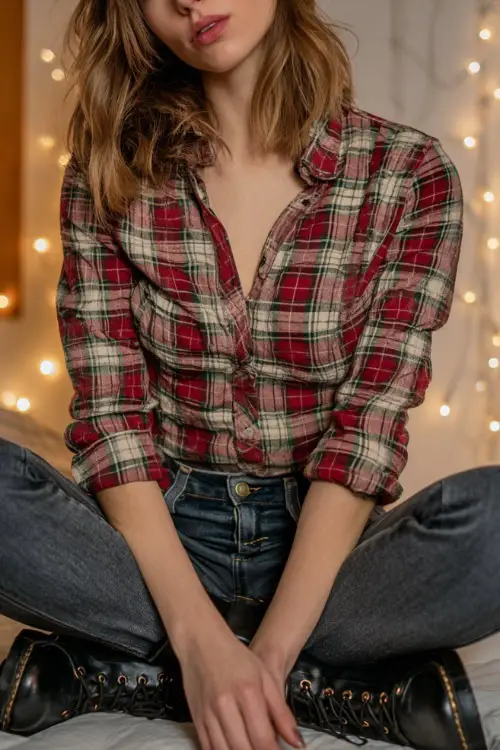 A woman wears a plaid flannel shirt in red-green tones, classic jeans, black lace-up boots, casual home party background with simple Christmas lights