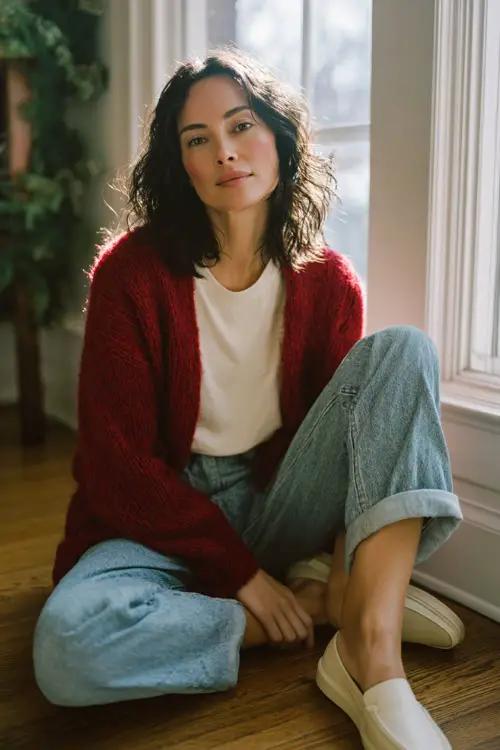 A woman wears a red brushed knit cardigan over a simple cotton tee, loose denim, soft slip-on loafers, bright daytime window light with subtle holiday greenery backdrop 