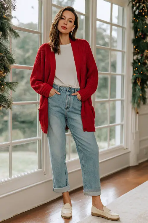 A woman wears a red brushed knit cardigan over a simple cotton tee, loose denim, soft slip-on loafers, bright daytime window light with subtle holiday greenery backdrop