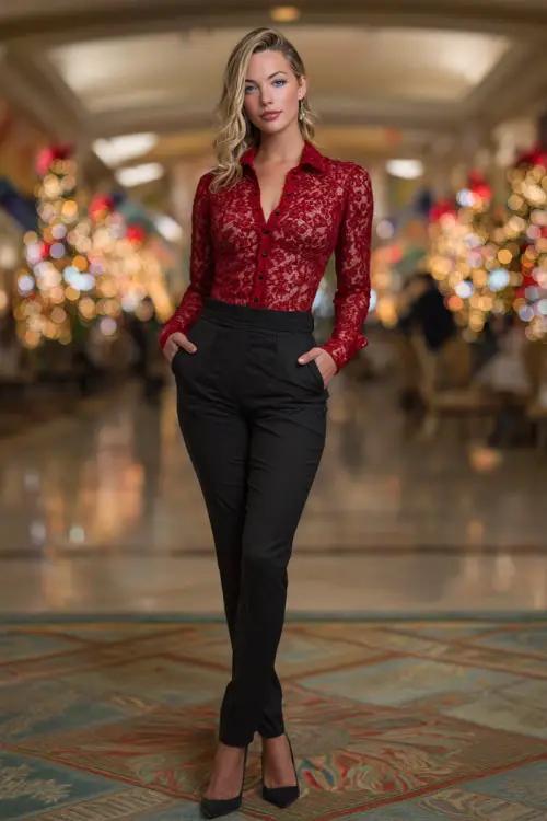 A woman wears a red lace blouse tucked into black dress pants, heeled pumps, elegant party hall background with Christmas ornaments