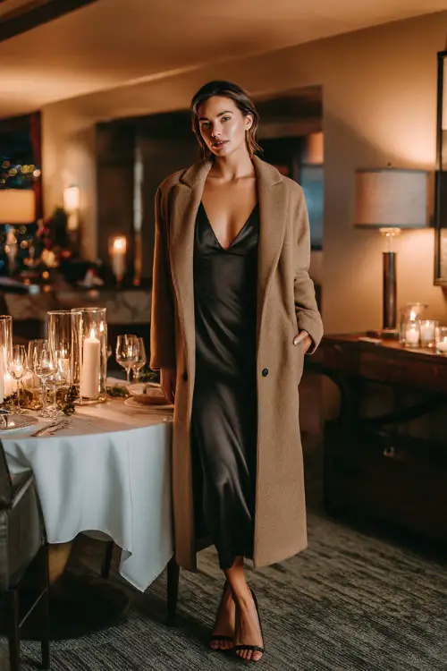 A woman wears a satin black slip dress layered under a long camel cashmere coat, minimalist heels, upscale candle-lit Christmas dinner setting, fine-dining ambiance