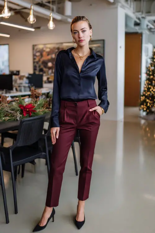 A woman wears a silk navy blouse, burgundy tailored pants, simple gold ring, black pumps, modern open office with a Christmas centerpiece on a shared table