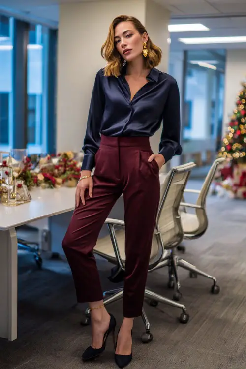 A woman wears a silk navy blouse, burgundy tailored pants, simple gold ring, black pumps, modern open office with a Christmas centerpiece on a shared table