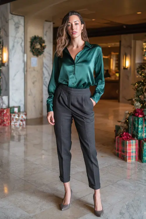 A woman wears a silky emerald green blouse, charcoal tailored pants, pointed low heels, corporate lobby decorated with subtle wreaths and wrapped presents