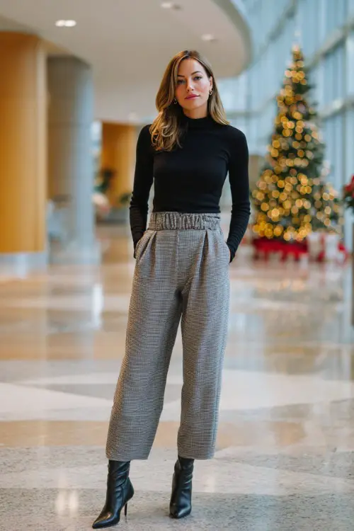 A woman wears a sleek black knit top tucked into high-rise grey tailored pants, black heeled boots, modern office lobby decorated for Christmas, full body portrait