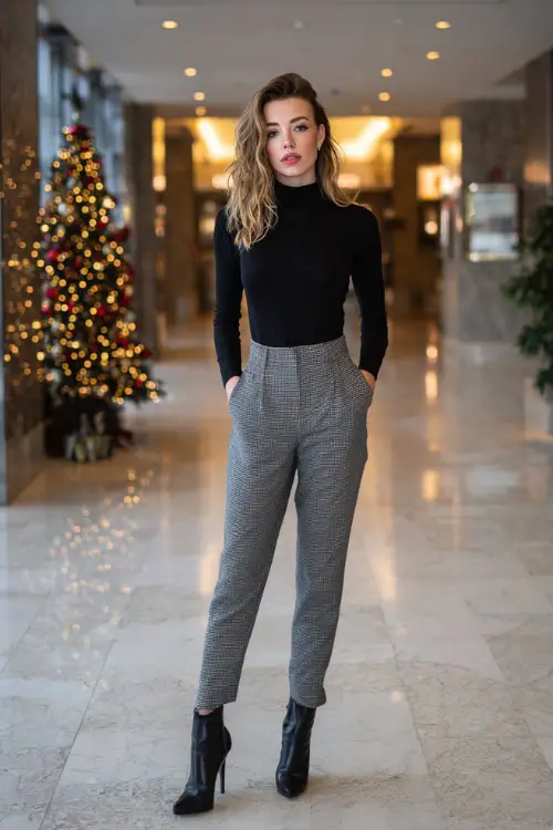 A woman wears a sleek black knit top tucked into high-rise grey tailored pants, black heeled boots, modern office lobby decorated for Christmas