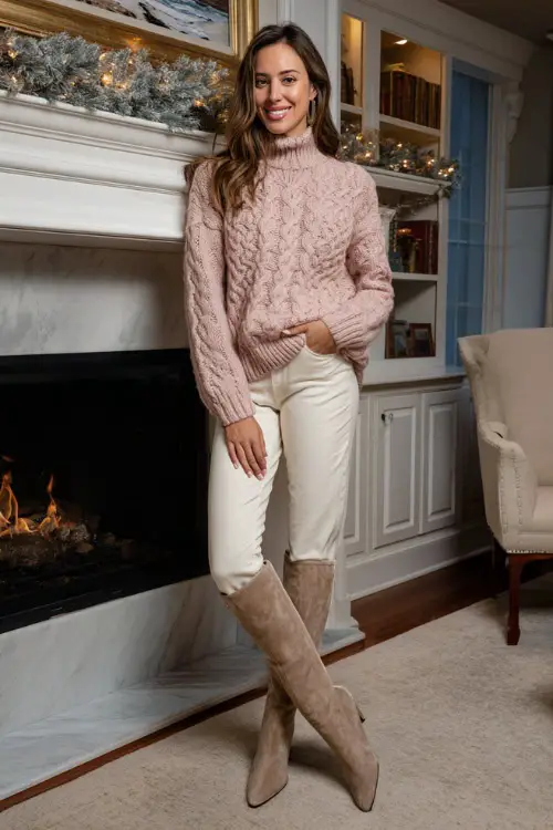 A woman wears a soft blush pink cable knit sweater, cream trousers, suede knee-high boots, cozy fireplace living room with sophisticated holiday décor