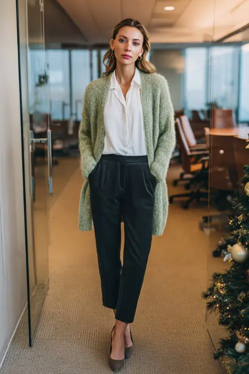 A woman wears a soft green knit cardigan over a white blouse, straight black work pants, minimalist heels, small elegant Christmas décor in a meeting room corner