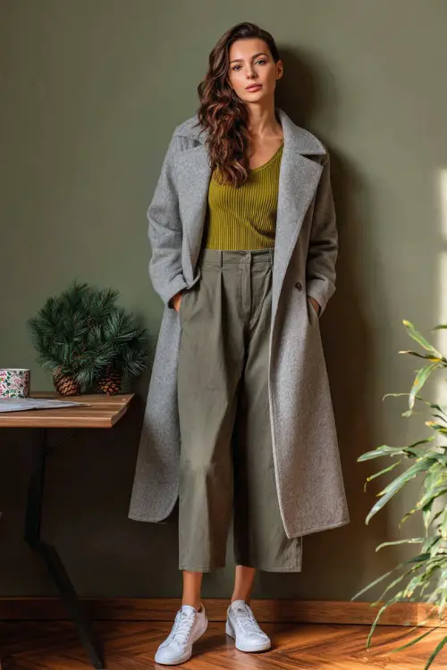 A woman wears a soft grey wool coat over green knit top, wide-leg denim, white sneakers, home office photoshoot with subtle Christmas mug and pine decor on the table