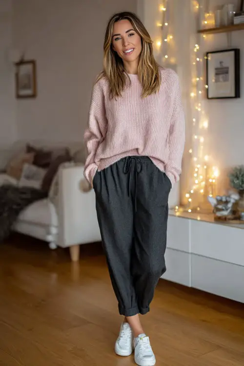 A woman wears a soft pastel pink knit top, charcoal relaxed trousers, white sneakers, simple festive living room with soft fairy lights far behind and clean photo framing 