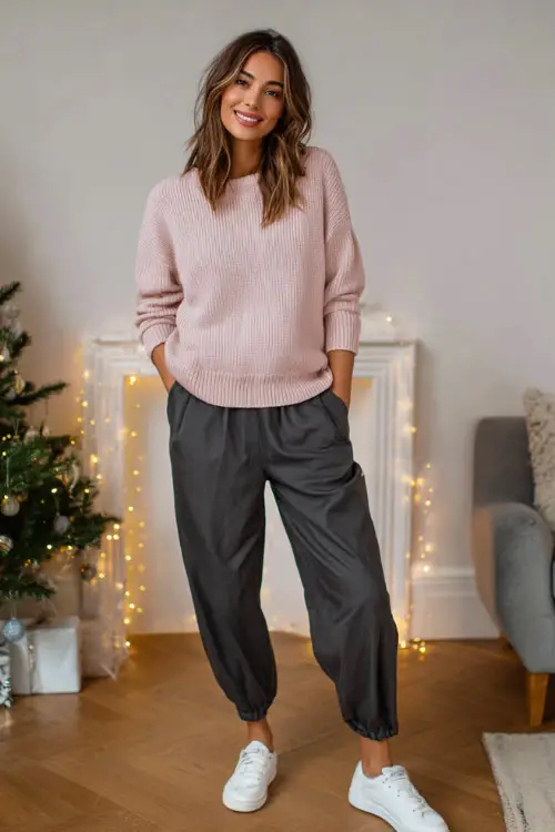 A woman wears a soft pastel pink knit top, charcoal relaxed trousers, white sneakers, simple festive living room with soft fairy lights far behind and clean photo framing