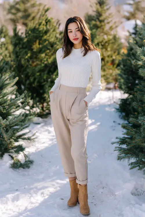 A woman wears a soft white knit top paired with beige straight trousers, tan boots, simple snowy outdoor photoshoot with Christmas greenery props, full body outfit visible